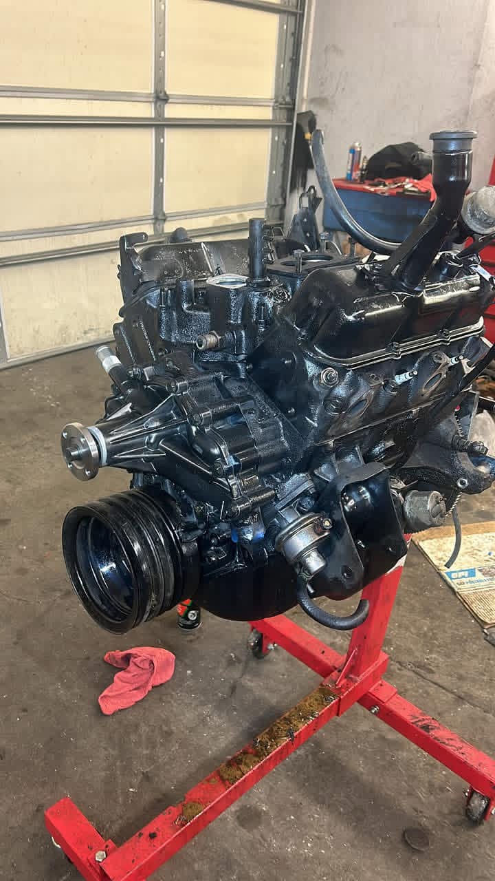 Engine assembly on a stand during a Recovery Automotive repair